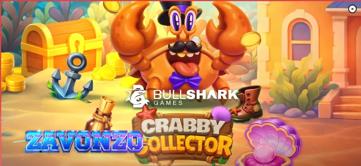 Tampilan grid 6x5 slot Crabby Collector dengan latar belakang terumbu karang dan harta karun